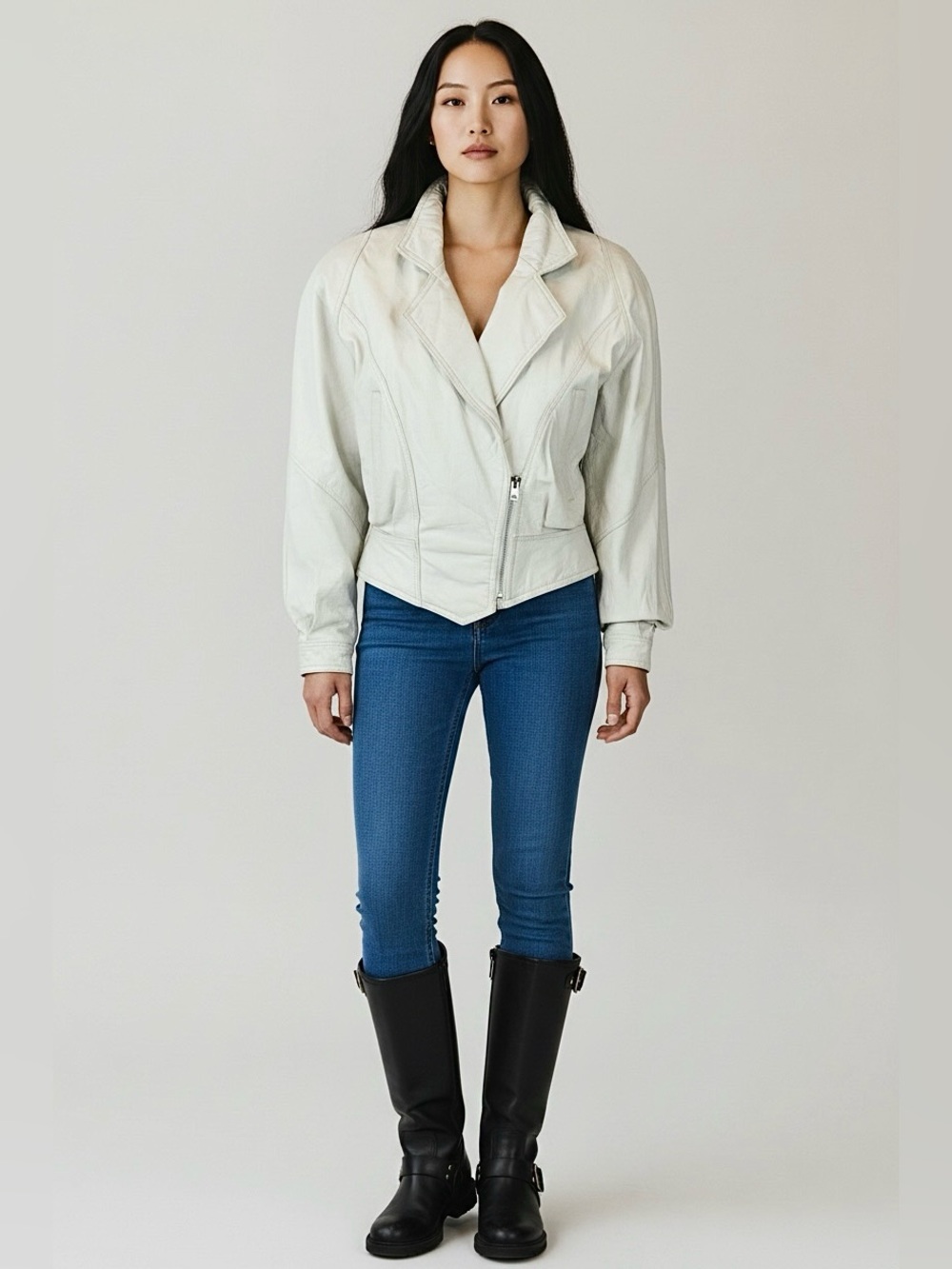 80s White Leather CORSET back Rocker Motorcycle Jacket M L
